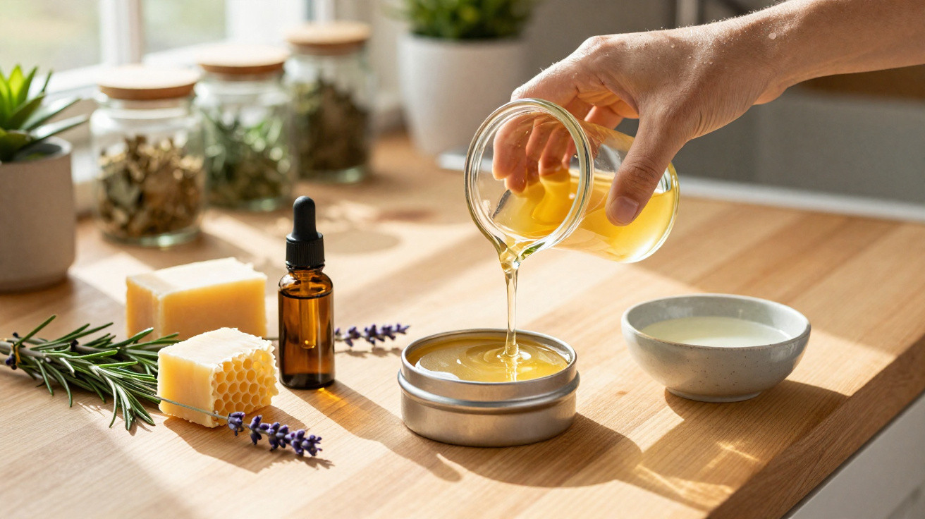 Mão a verter óleo numa taça metálica com ingredientes naturais para cosmética, como mel, ervas e essência.