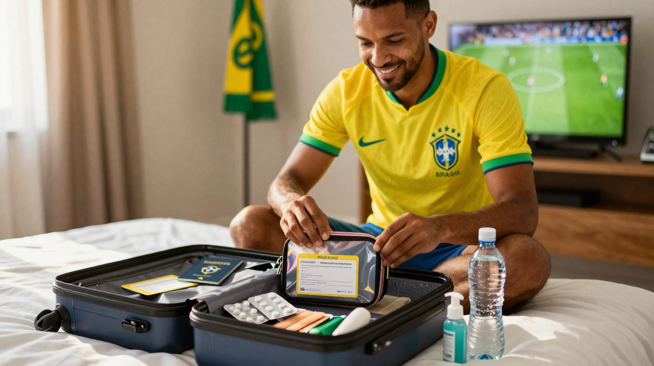Homem com camisola do Brasil a arrumar medicamentos numa mala de viagem em quarto com jogo de futebol na TV.