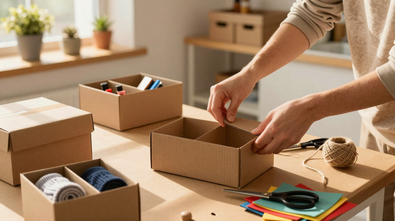 Pessoa a montar divisórias em caixa de cartão numa mesa com material de escritório e decoração.