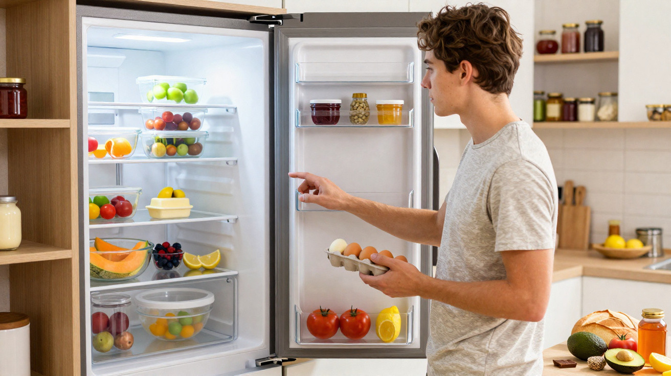 Jovem a abrir frigorífico cheio de frutas e legumes numa cozinha moderna, segurando ovos.