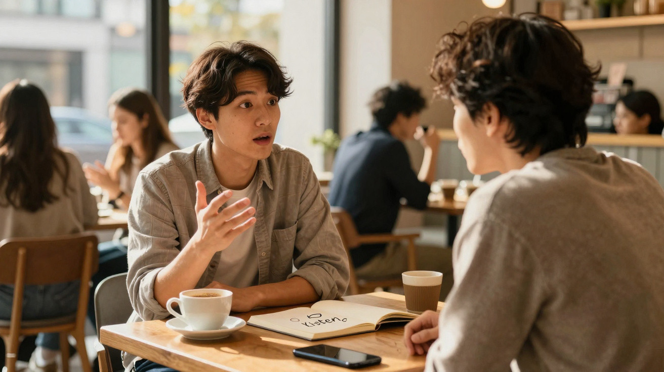 Dois homens jovens conversam seriamente numa cafeteria, com café e caderno na mesa.