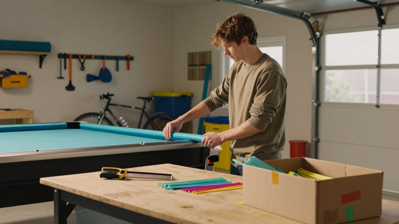 Jovem organiza tubos de plástico coloridos numa garagem com mesa, bilhar e bicicleta ao fundo.