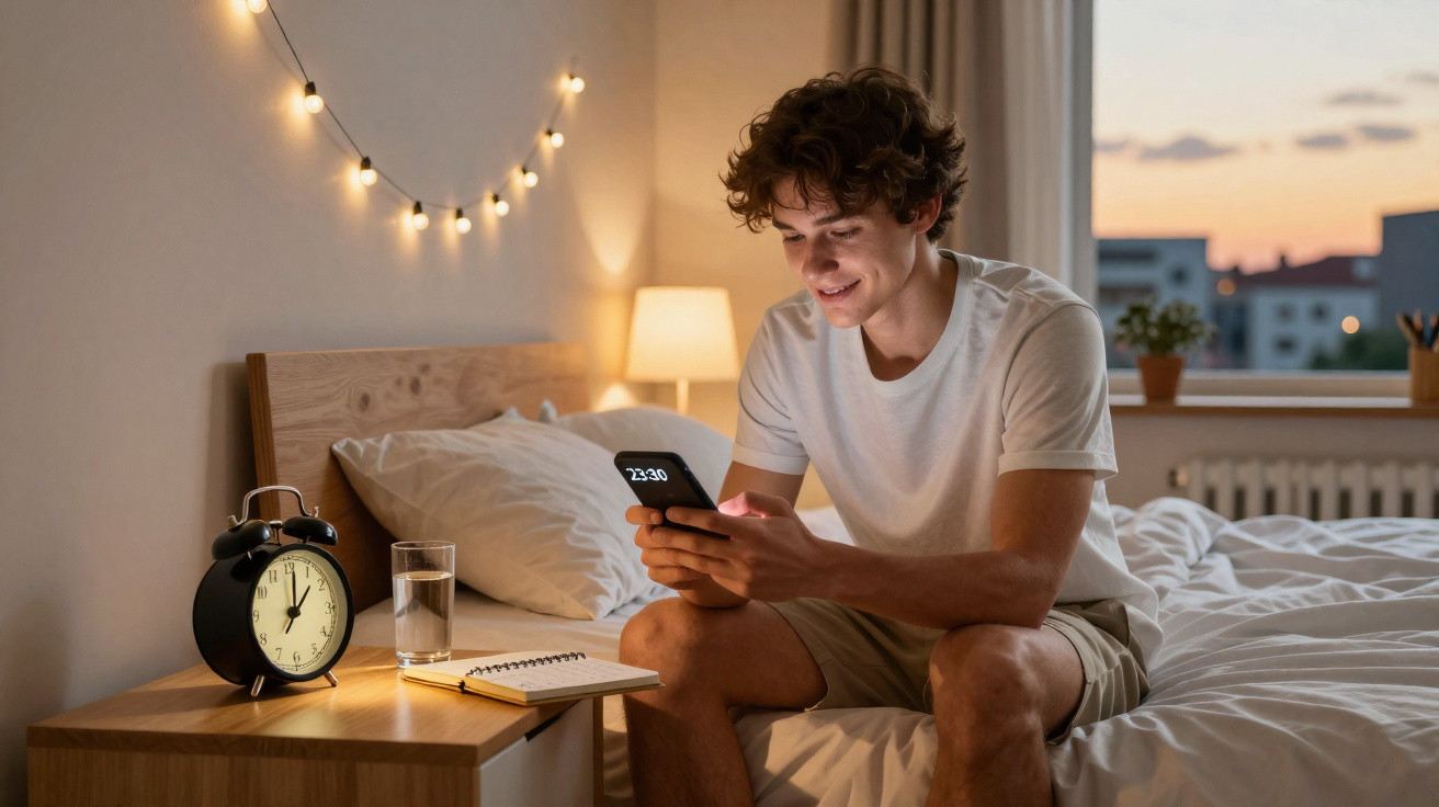 Jovem sentado na cama a usar telemóvel ao cair da noite, com relógio, bloco de notas e copo de água na mesa ao lado.