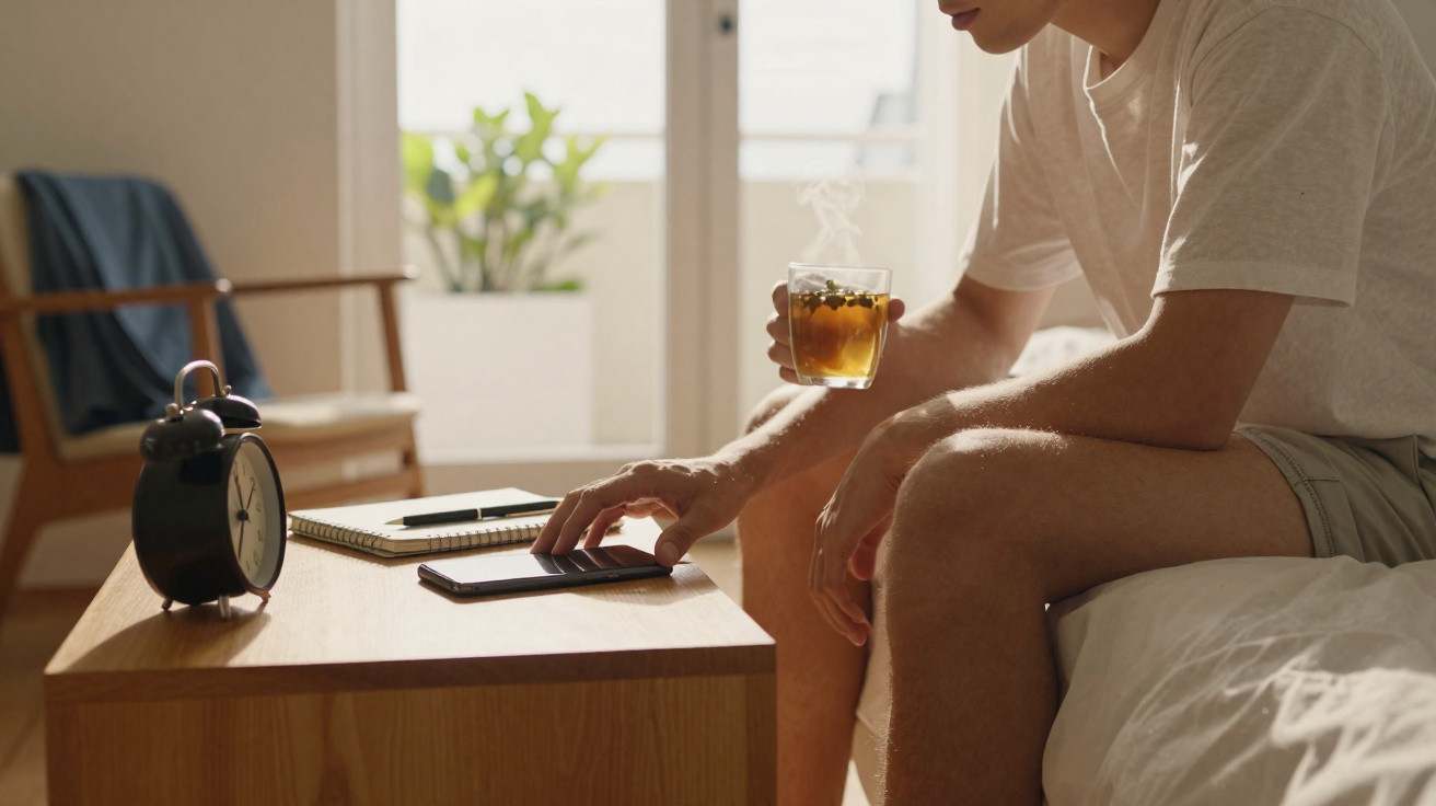 Homem sentado na cama com chá e a usar um smartphone numa mesa ao lado com despertador e caderno.