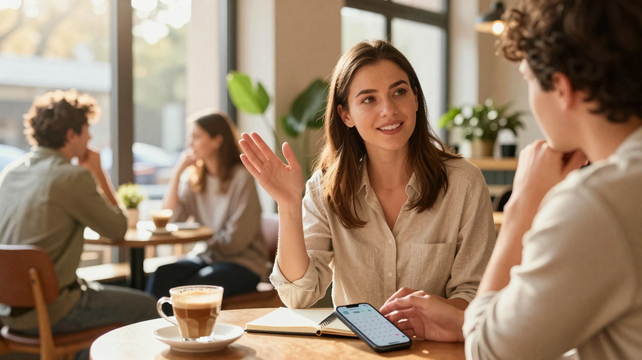 Duas pessoas conversam animadamente num café, com caderno e telemóvel sobre a mesa e uma bebida quente.