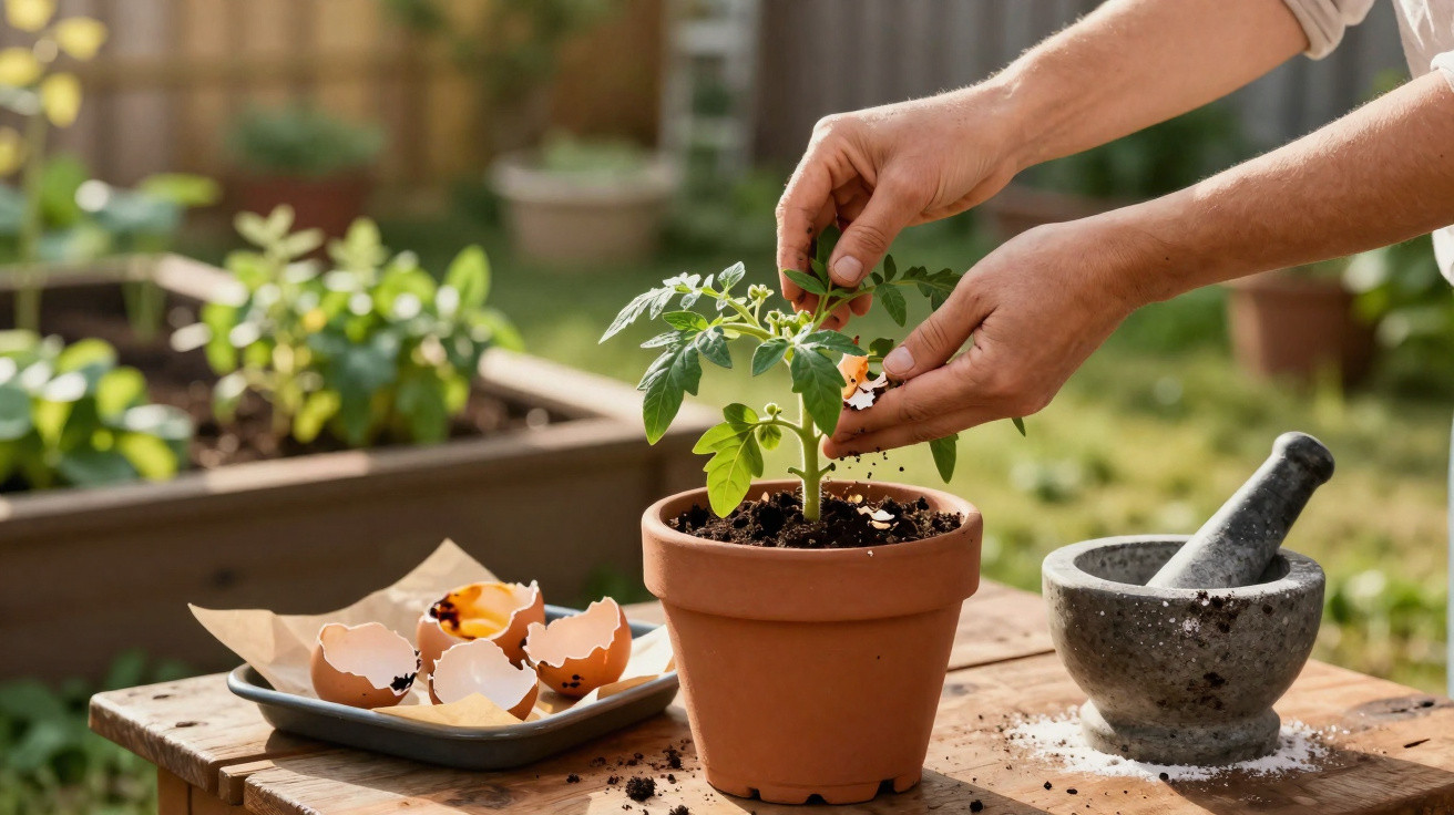 Mãos a fertilizar planta em vaso com cascas de ovos, perto de almofariz e tabuleiro com cascas partidas.