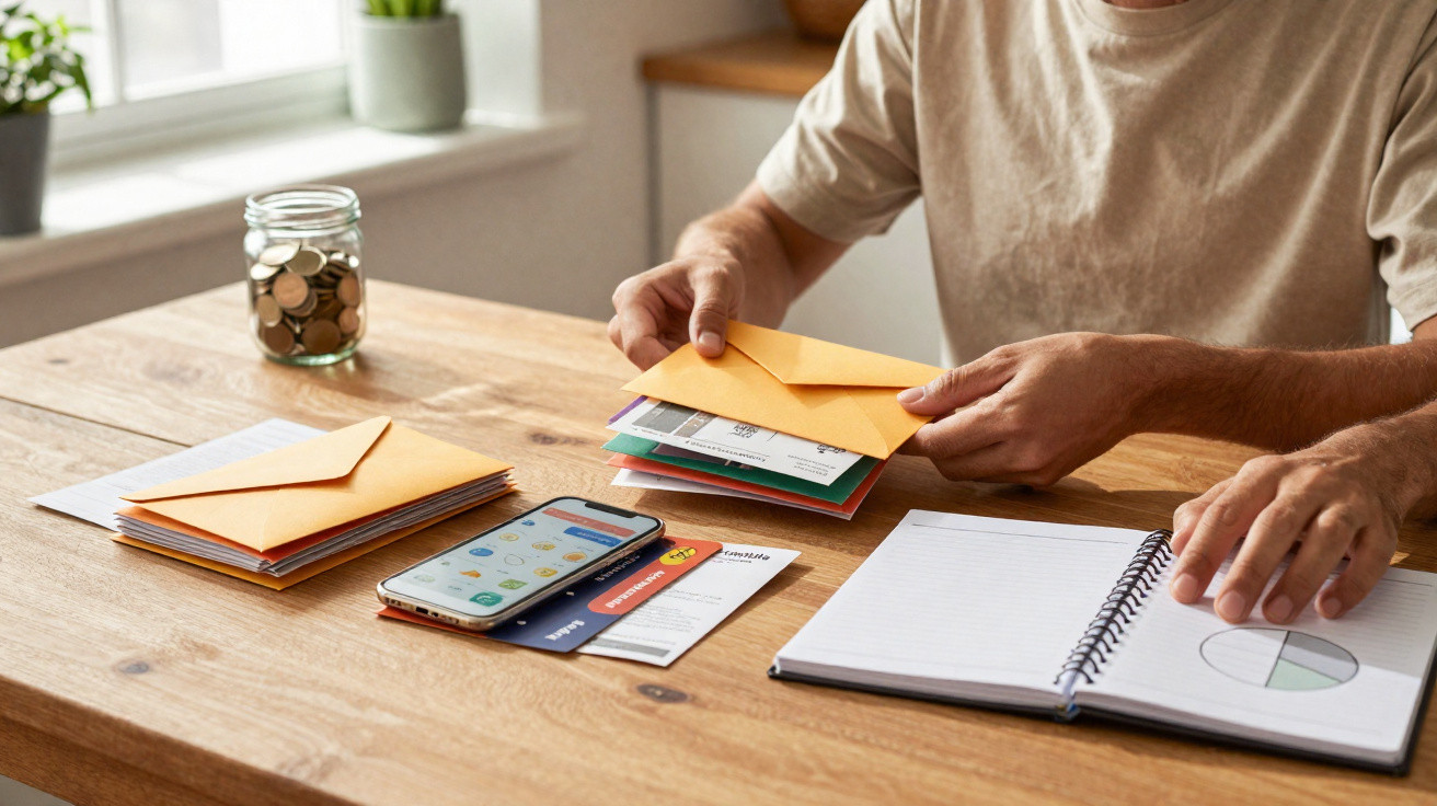 Pessoa a organizar envelopes junto a telemóvel, cartões e caderno numa mesa de madeira, com frasco de moedas ao fundo.