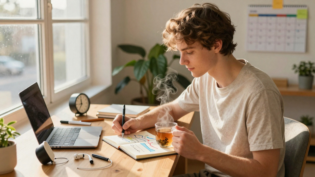 Jovem a desenhar gráficos numa agenda, com chá quente e computador portátil numa mesa junto à janela.