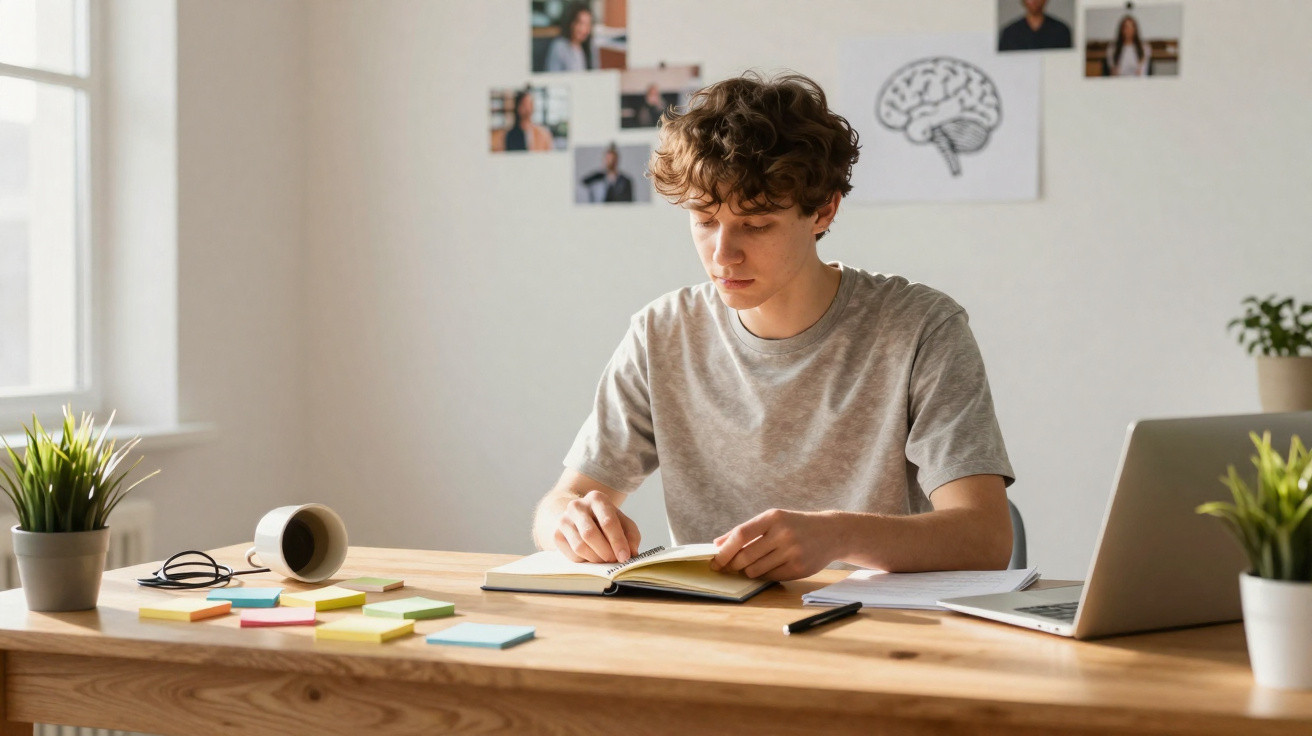 Jovem a estudar à secretária com caderno, post-its, computador portátil e plantas num ambiente luminoso.