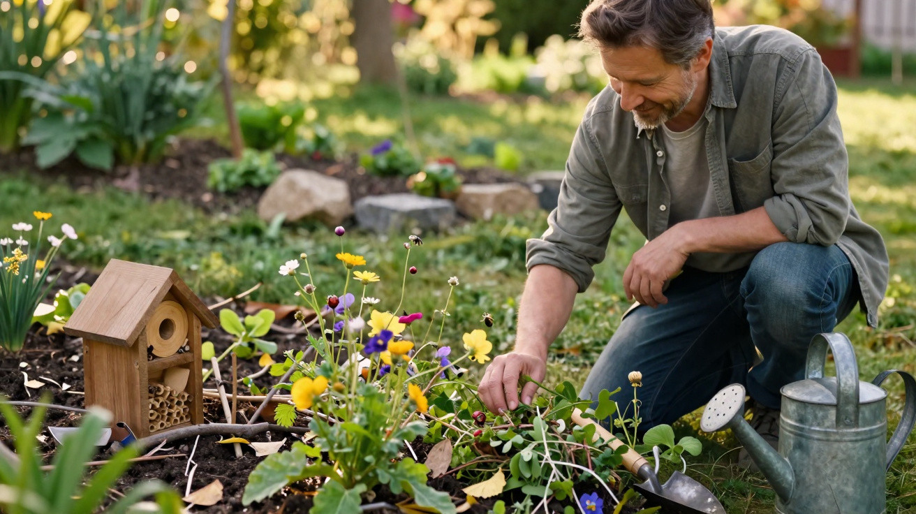 Homem a cuidar de flores coloridas num jardim, com regador e casa para insetos ao lado.