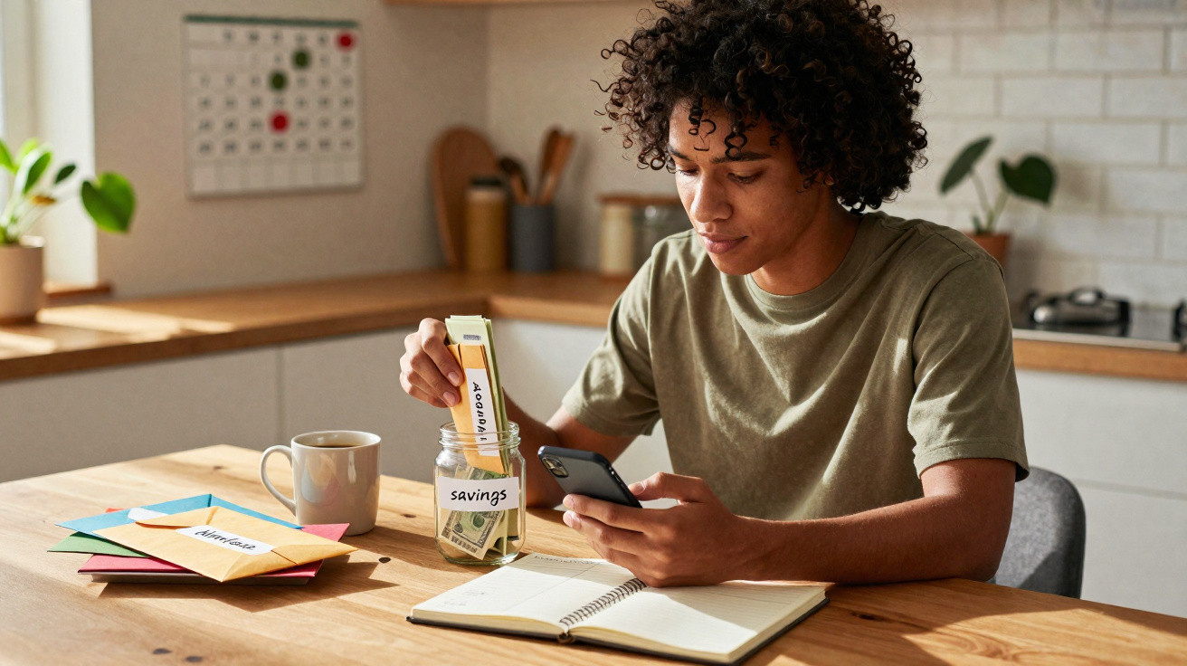 Jovem a guardar dinheiro num frasco marcado "savings", a consultar o telemóvel e com cadernos e envelopes sobre a mesa.