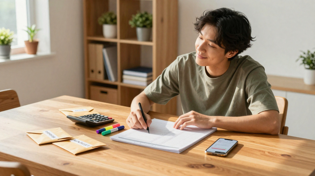 Jovem sentado à mesa a escrever num caderno, com envelopes, marcador, calculadora e telemóvel à sua frente.