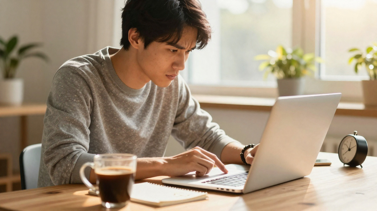 Jovem concentrado a trabalhar num computador portátil numa mesa com café, caderno e relógio analógico.