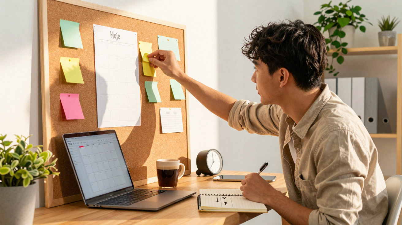 Homem a organizar post-its num quadro de cortiça num ambiente de trabalho com computador e plantas.