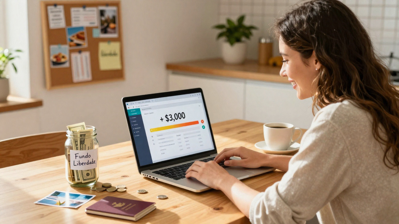 Mulher sentada à mesa a usar portátil com gráfico financeiro, jarro com dinheiro e passaporte numa cozinha.