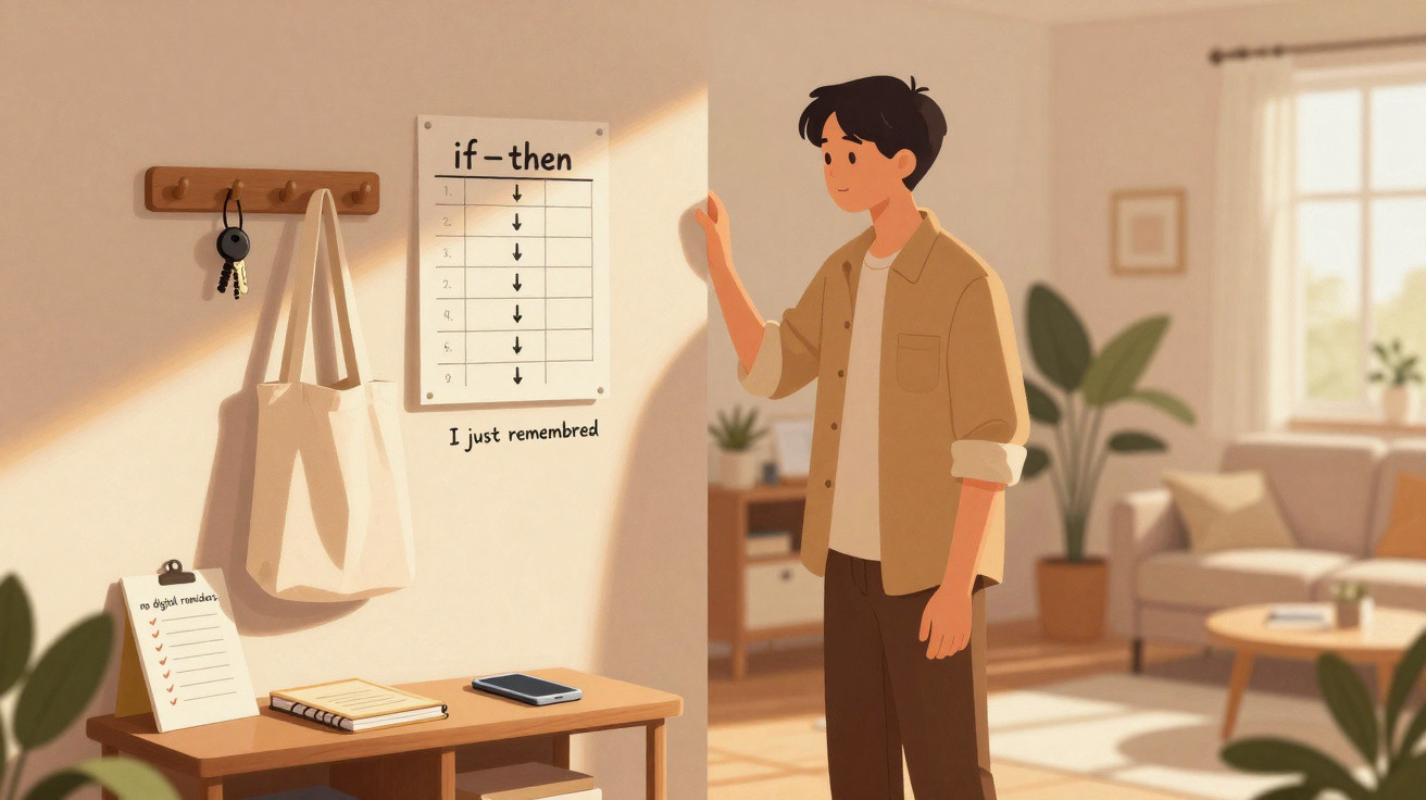 Ilustração de jovem a entrar numa sala iluminada, com anotações na parede e objetos numa mesa.