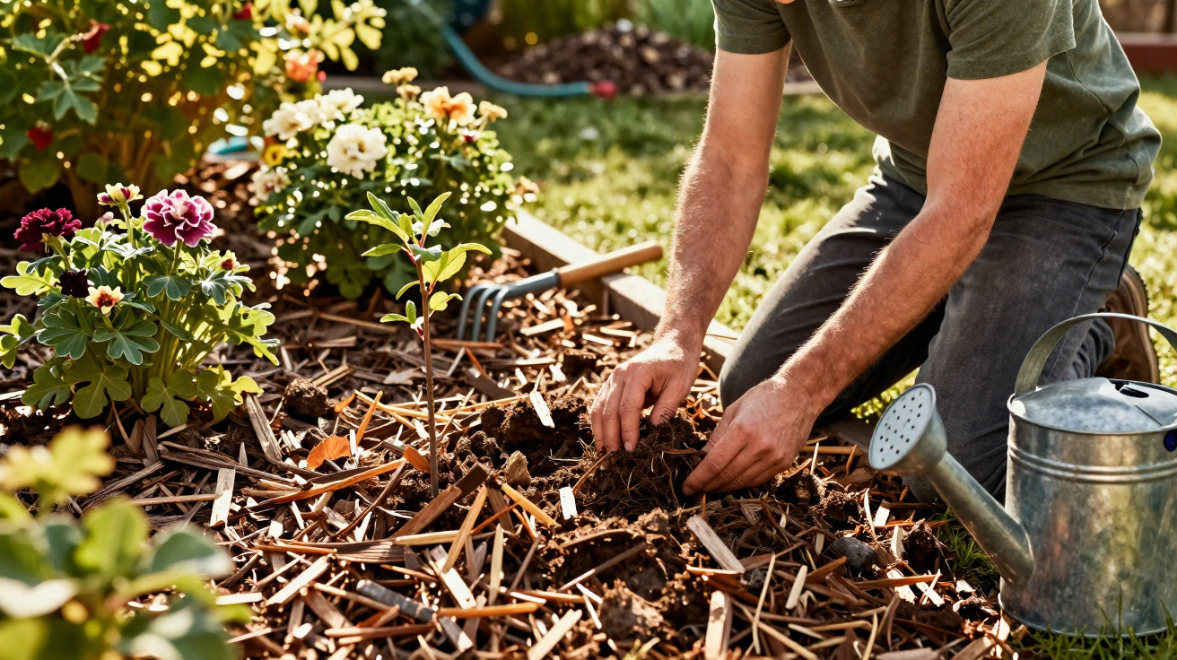 Pessoa a plantar muda em canteiro de flores com regador e ancinho no jardim ao sol.