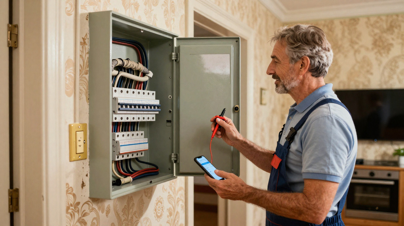 Técnico elétrico com macacão azul a verificar quadro elétrico dentro de casa com ferramenta e telemóvel.