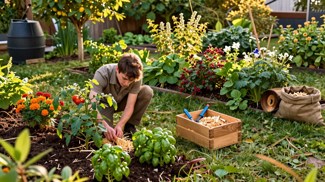 Jovem a cuidar de plantas num jardim colorido, envolvido por flores e hortícolas em dias de sol.