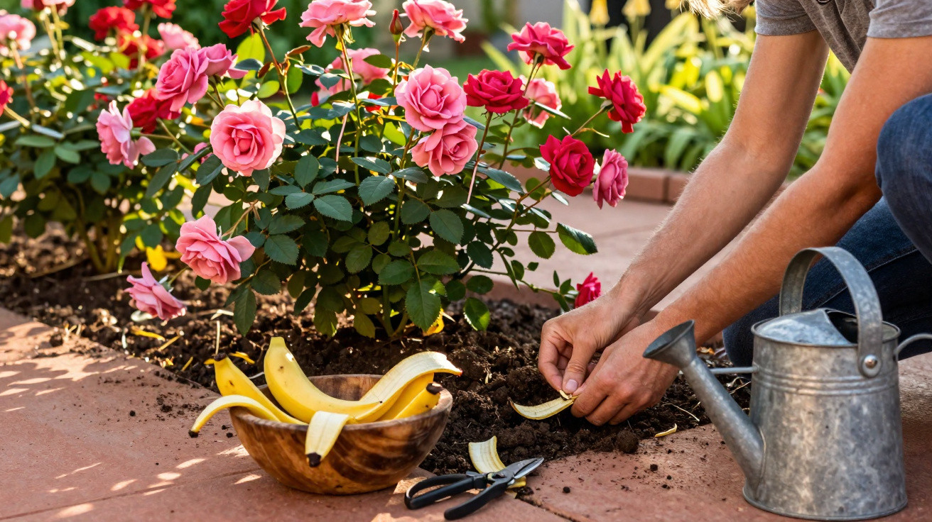 Pessoa a colocar cascas de banana em redor de roseiras num jardim com regador metálico ao lado.
