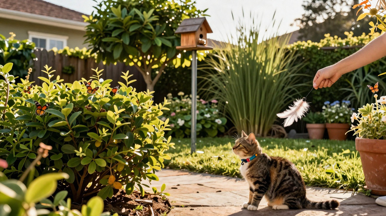 Gato tigrado sentado num jardim a observar pena branca numa mão que brinca com ele ao sol.