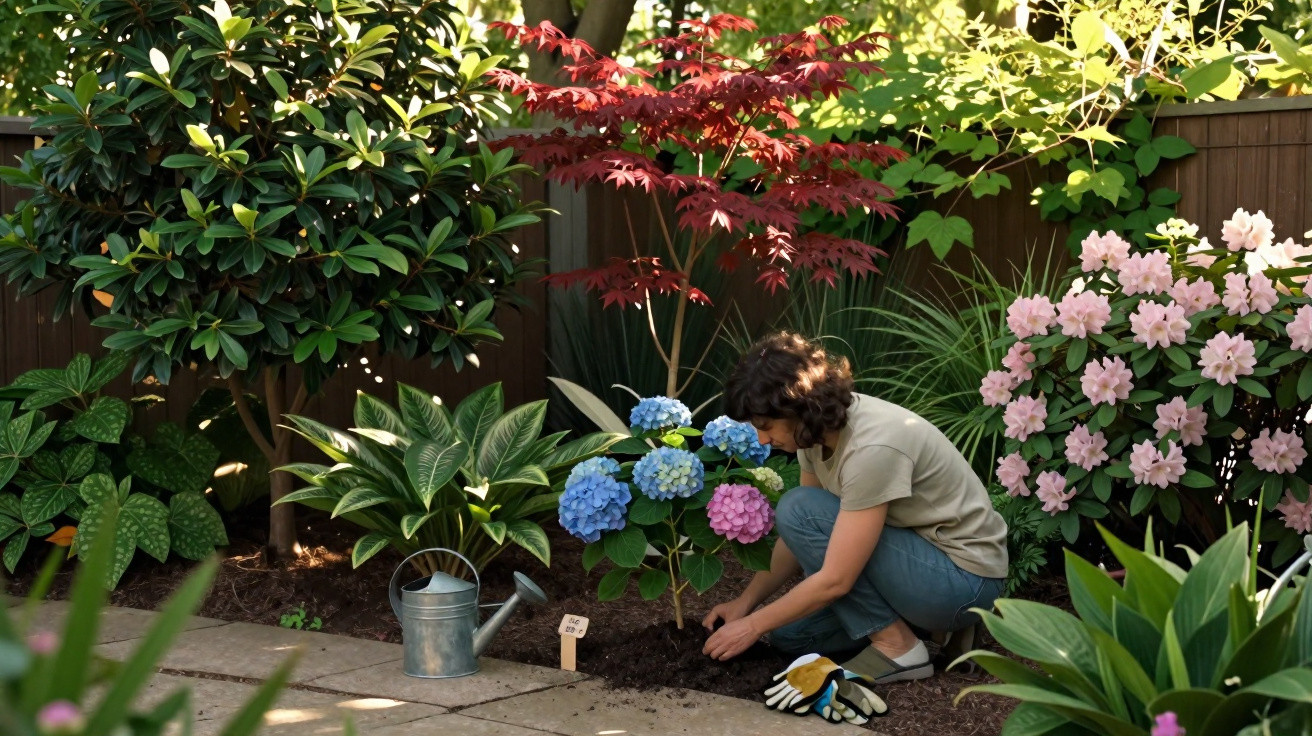 Pessoa a cuidar de flores coloridas num jardim com plantas variadas e regador metálico.