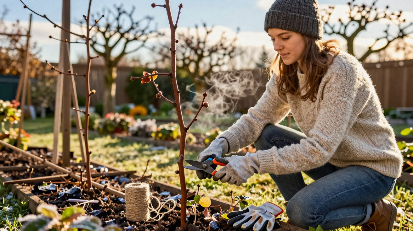 Mulher com gorro e suéter de malha poda uma planta num jardim ensolarado de inverno.
