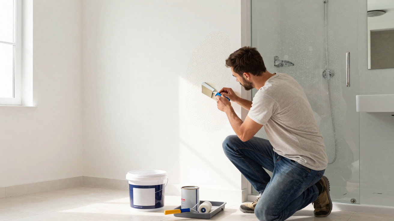 Homem a pintar uma divisão branca com rolo e tinta em balde, junto a janela e cabine de duche.