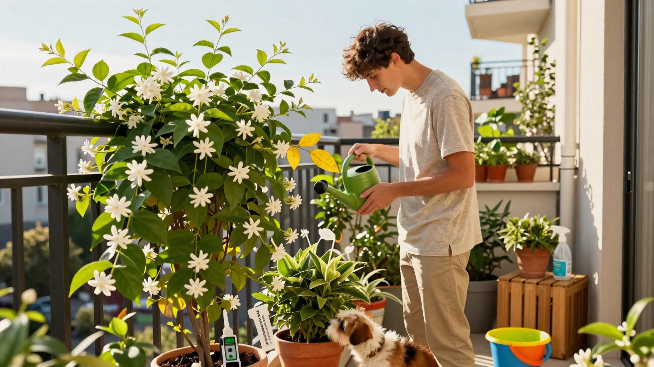 Homem rega plantas num terraço enquanto cão pequeno o observa, rodeados de flores e vasos.