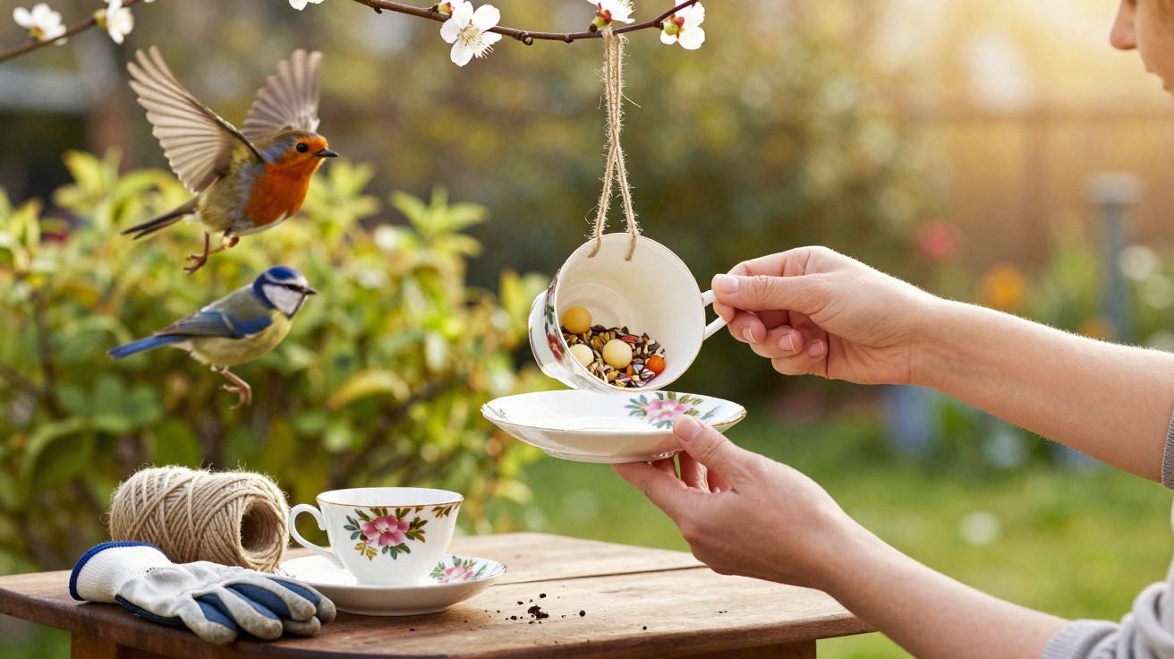 Mãos seguram chávena com comida para pássaros, dois pássaros voam perto, cenário de jardim ao entardecer.