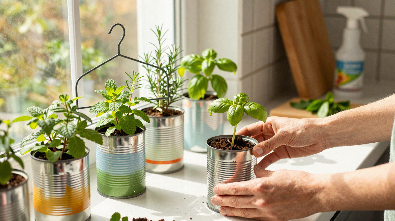 Mãos a cuidar de plantas aromáticas em latas recicladas num peitoril junto à janela com luz natural.