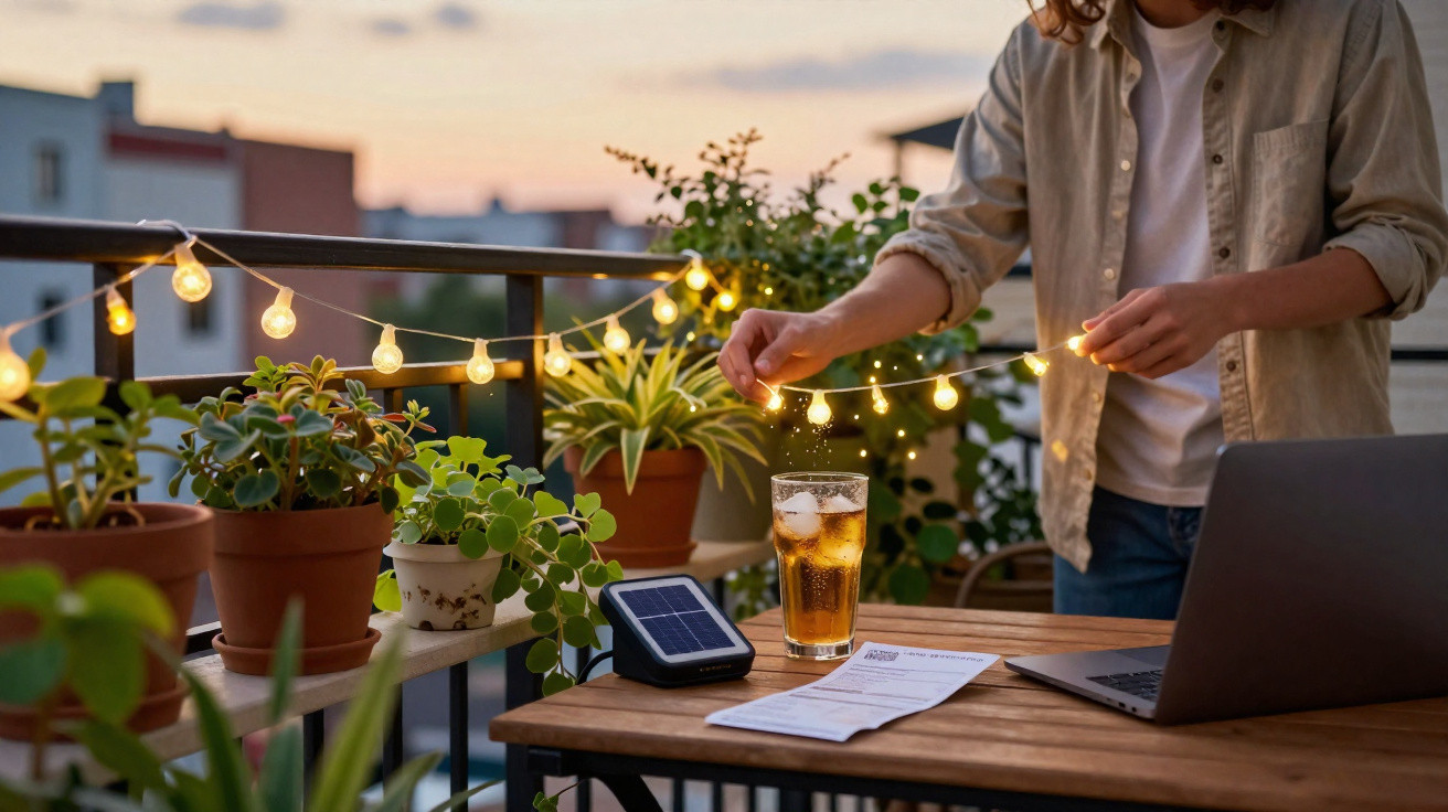Varanda ao pôr do sol com plantas, luzes decorativas, bebida, computador portátil e pessoa a decorar.