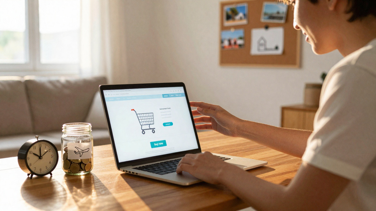 Pessoa a usar computador portátil para fazer compras online numa mesa com relógio e mealheiro ao lado.