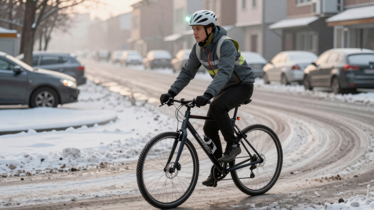 Pessoa com capacete e colete refletor a andar de bicicleta numa estrada com neve nas bermas.