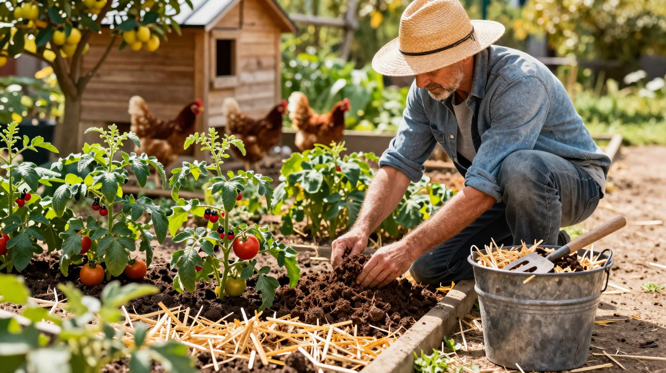 Homem com chapéu de palha cuida da terra numa horta com tomates e galinhas ao fundo.