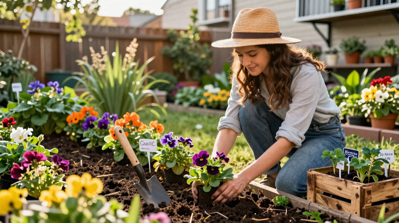 Mulher com chapéu a plantar flores coloridas num jardim bem cuidado ao ar livre.