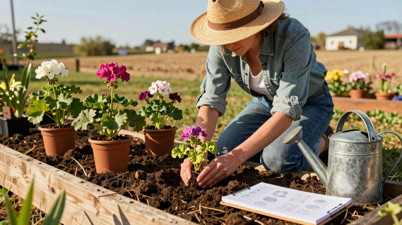 Mulher com chapéu a plantar flores coloridas num canteiro de jardim ao ar livre, ao lado de regador.