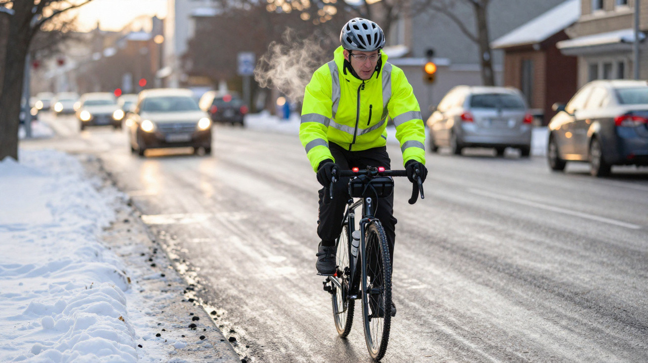 Homem de casaco amarelo fluorescente a pedalar numa estrada com neve e carros ao fundo.