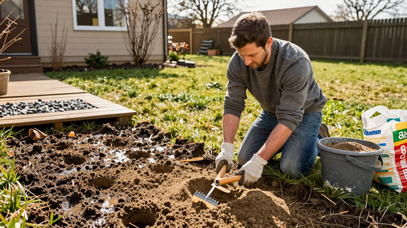 Homem a cultivar o solo num jardim com luvas, ferramentas e materiais de jardinagem ao lado.
