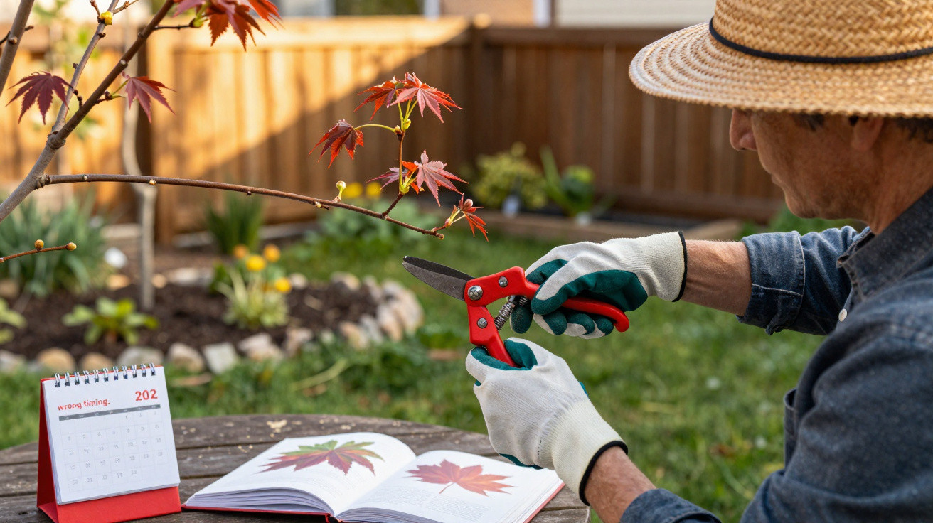 Homem com chapéu de palha podando ramo de árvore vermelha no jardim com calendário e livro de plantas.