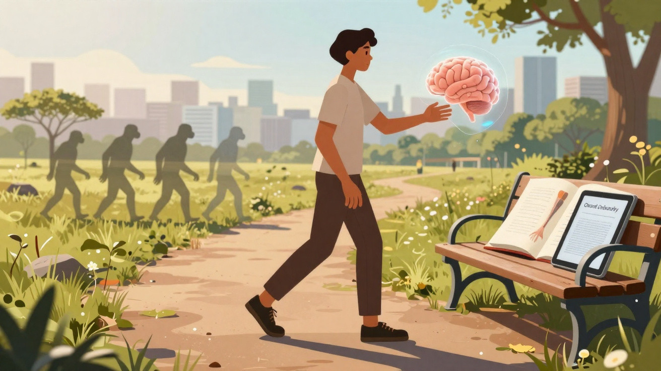 Pessoa a caminhar num parque com um cérebro flutuante e um banco com livros abertos e dispositivo eléctrico.
