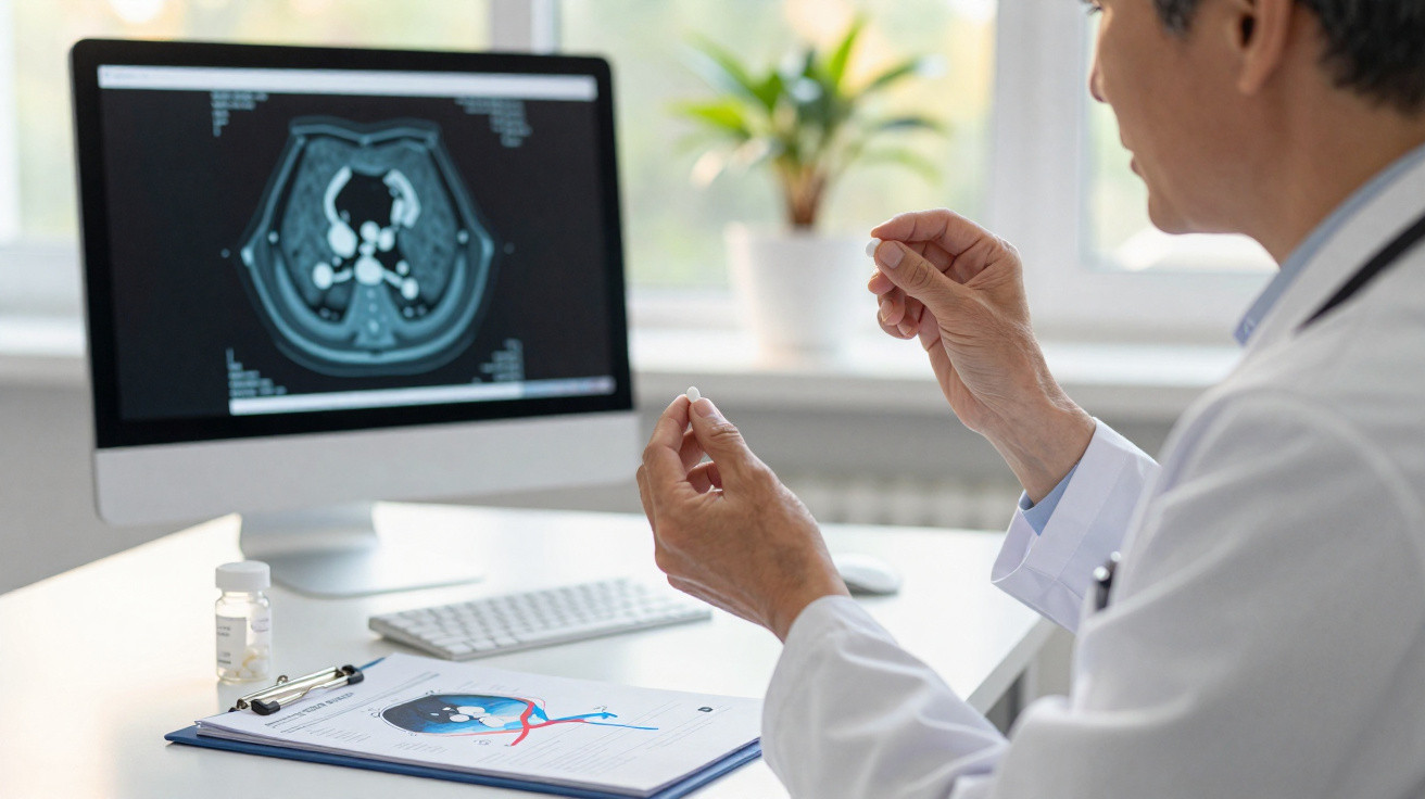 Médico analisa resultado de TAC no computador enquanto segura comprimido na mão num consultório.