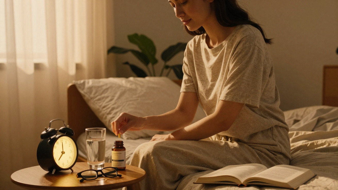 Mulher sentada na cama a tomar medicamentos, com relógio, copo de água e óculos numa mesa ao lado.