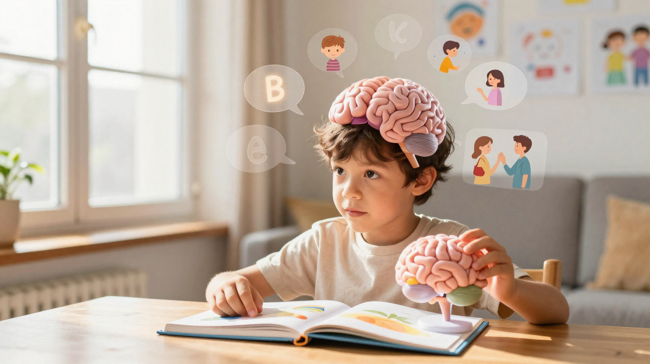 Criança a estudar com modelo de cérebro e imagens animadas representando aprendizagem e linguagem.