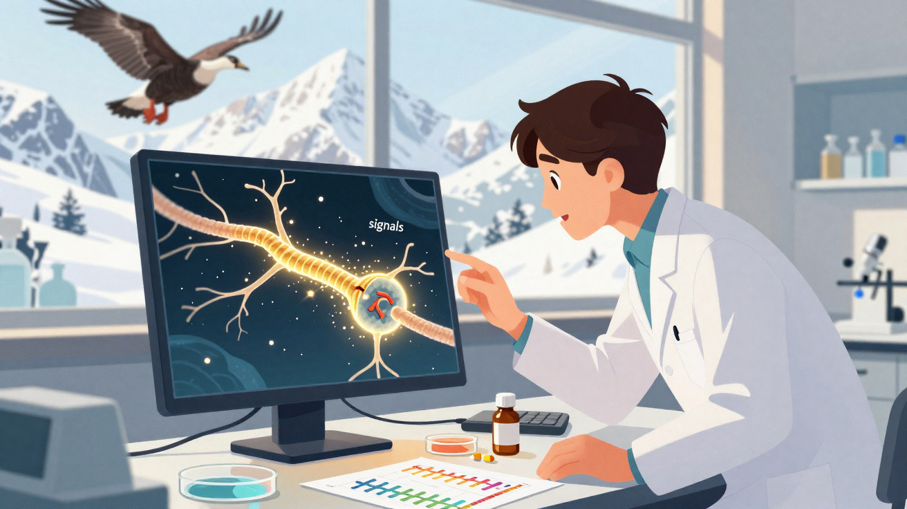 Investigador em laboratório observa neurónio com sinalização num ecrã, com montanhas nevadas ao fundo.