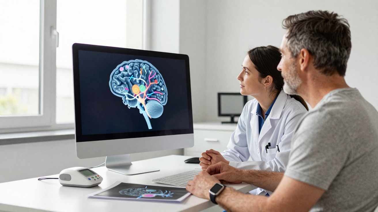 Mulher médica e homem analisam imagem digital 3D do cérebro num computador num consultório.