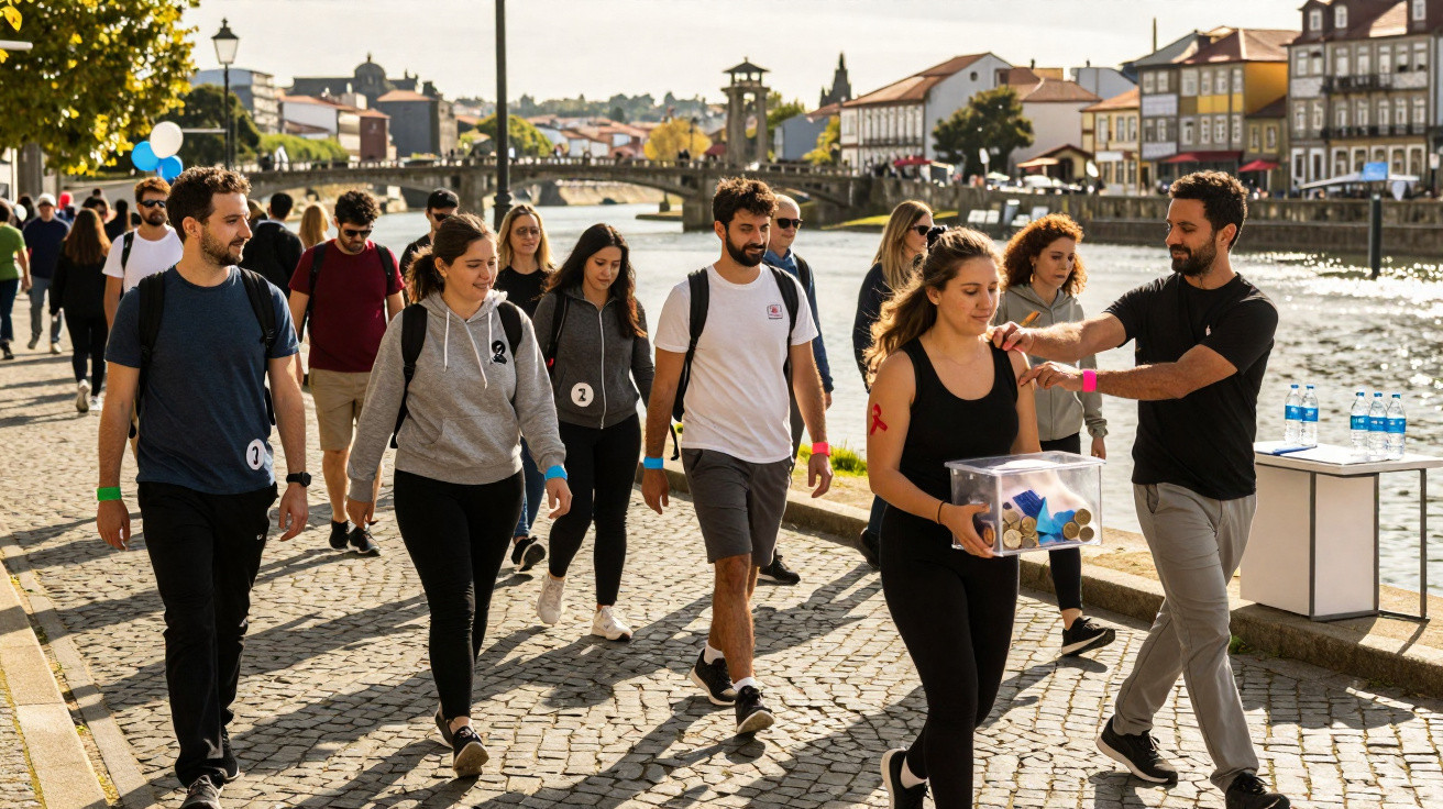 Grupo de pessoas a caminhar junto a um rio numa atividade ao ar livre numa cidade com edifícios antigos.