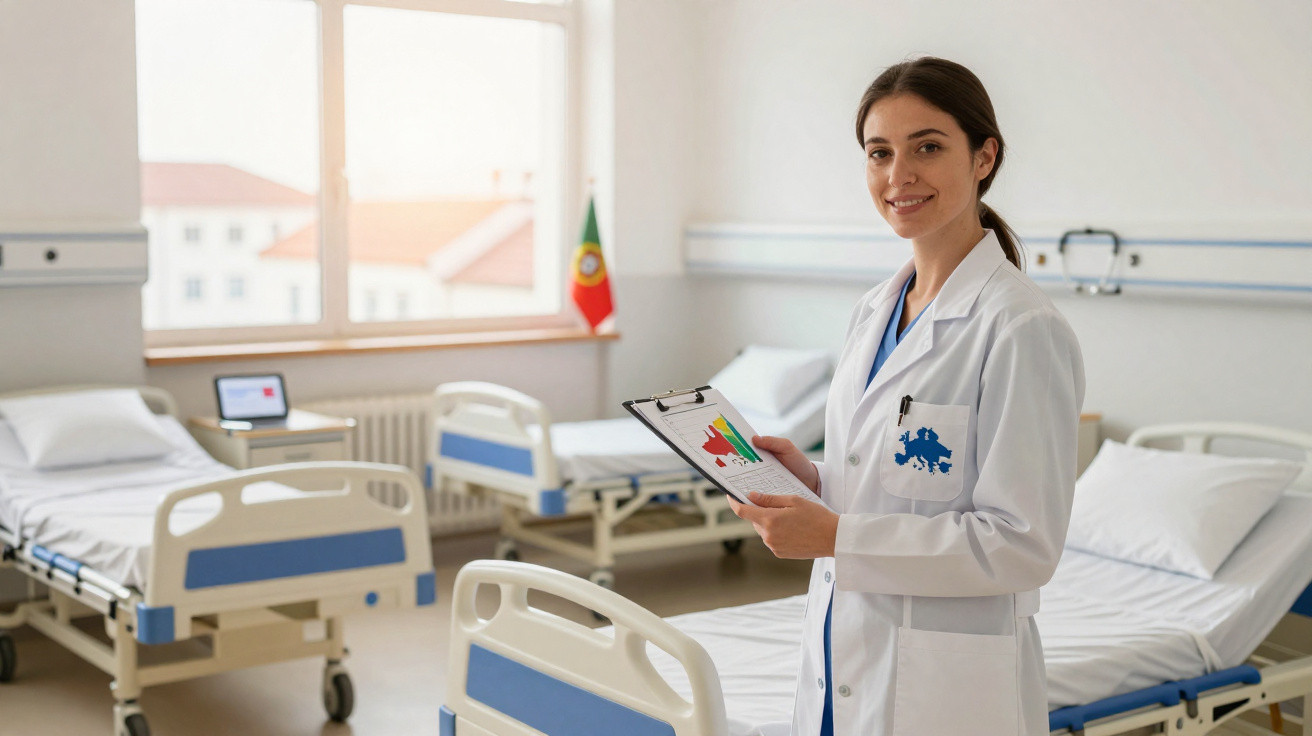 Médica sorridente com bata branca segura prancheta num quarto de hospital vazio em Portugal.