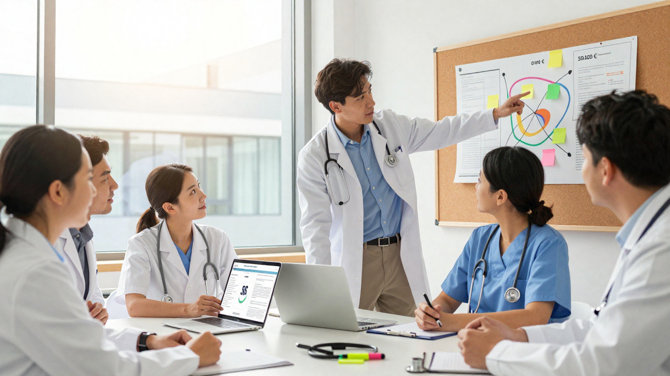 Equipa médica em reunião a analisar dados e gráficos numa sala de conferências moderna.
