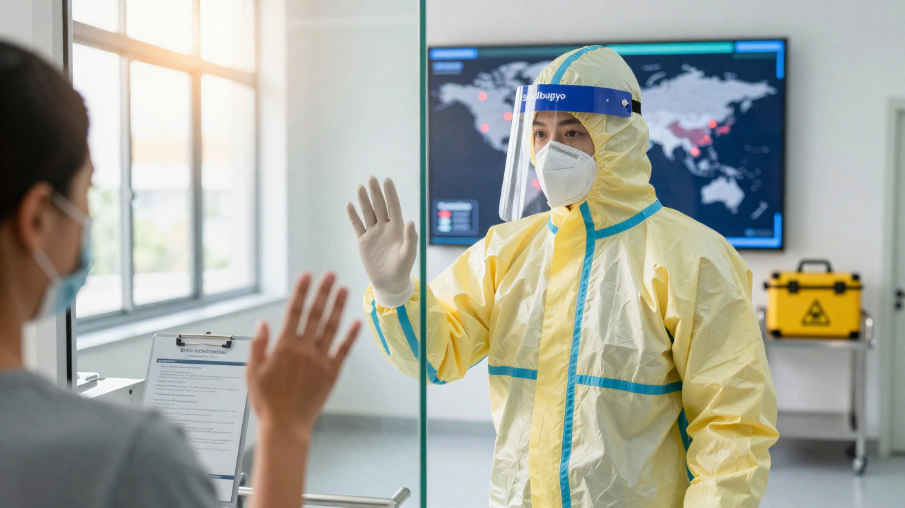 Profissional de saúde com equipamento de proteção cumprimenta paciente através de vidro, em ambiente clínico.